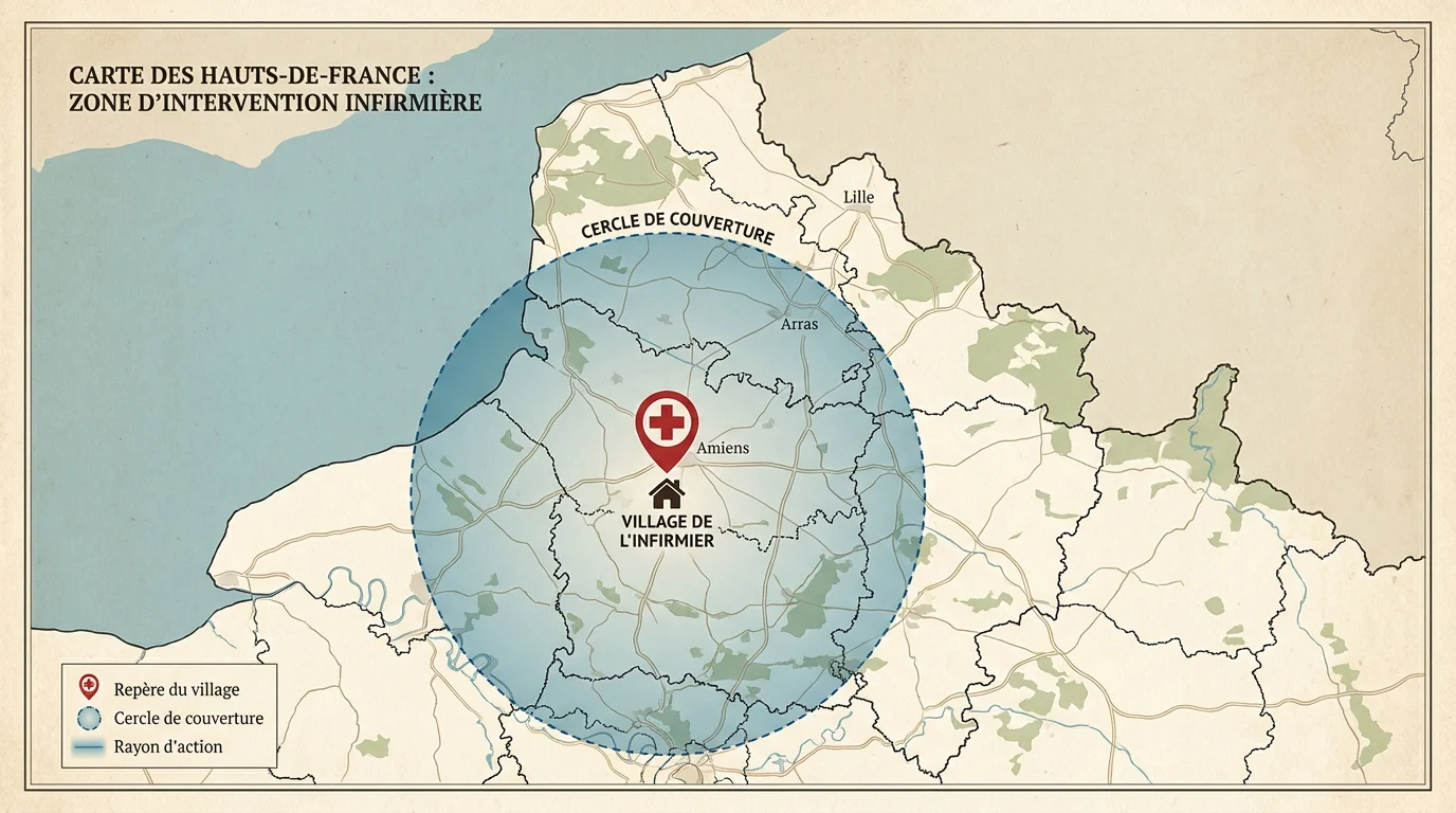 Carte symbolique d'un rayon d'intervention infirmier autour d'un village des Hauts-de-France