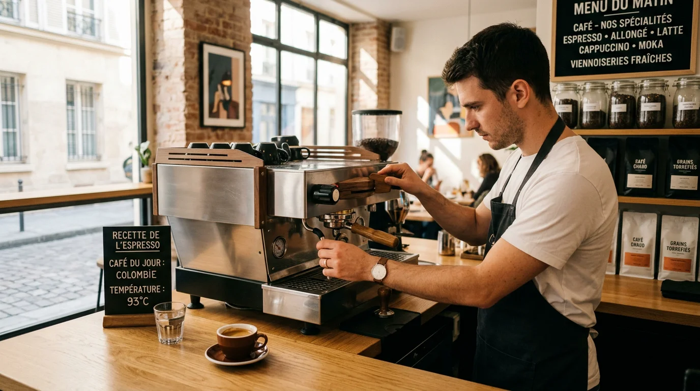 Barista européen réglant une machine espresso premium dans un coffee shop français