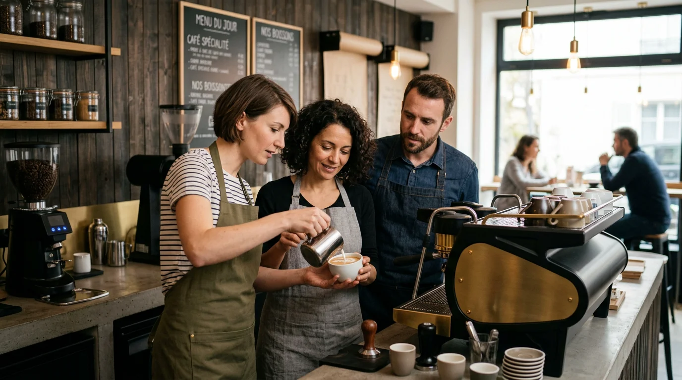 Formatrice accompagnant deux élèves pendant une session pratique de barista