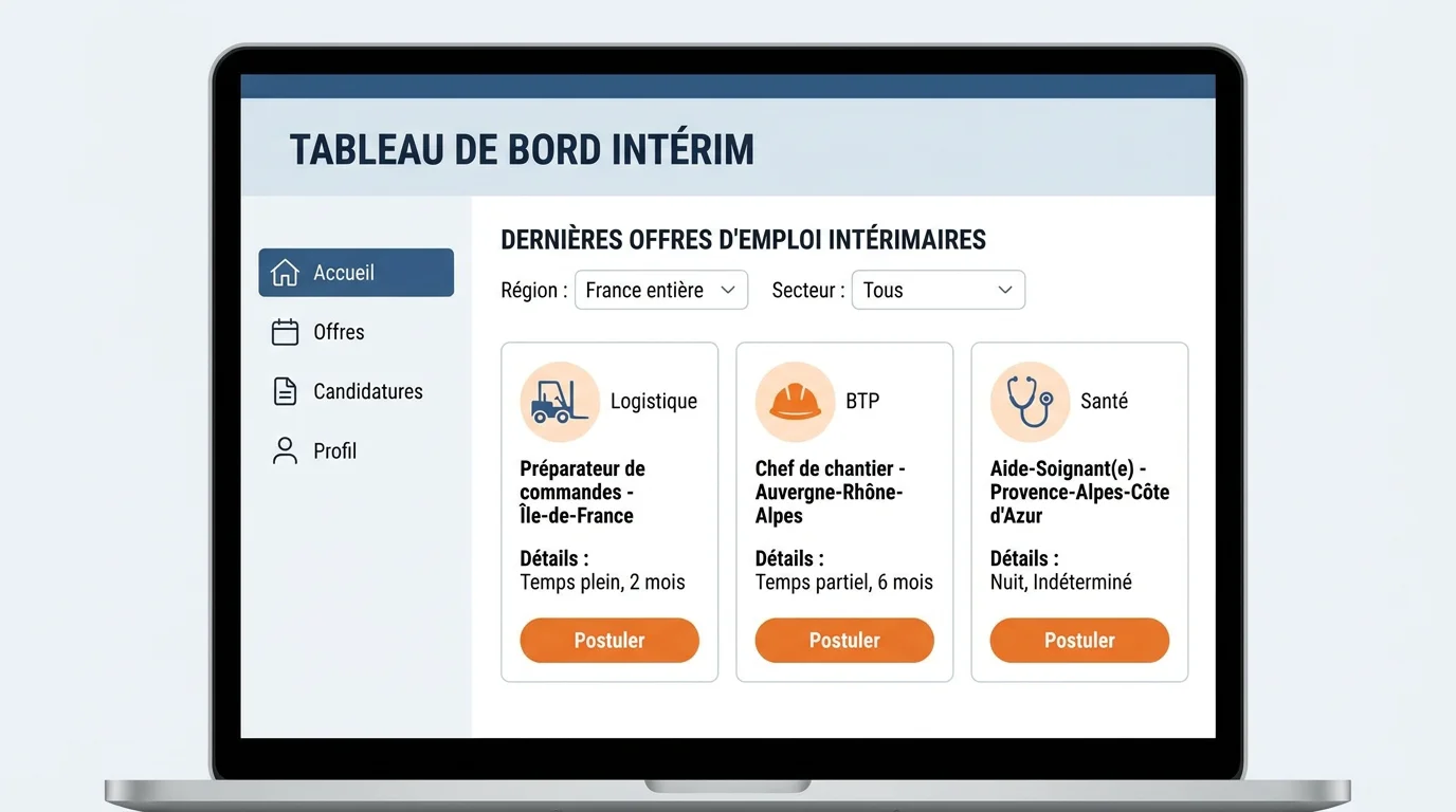 Tableau de bord numérique affichant des offres d'emploi intérimaires par secteur d'activité