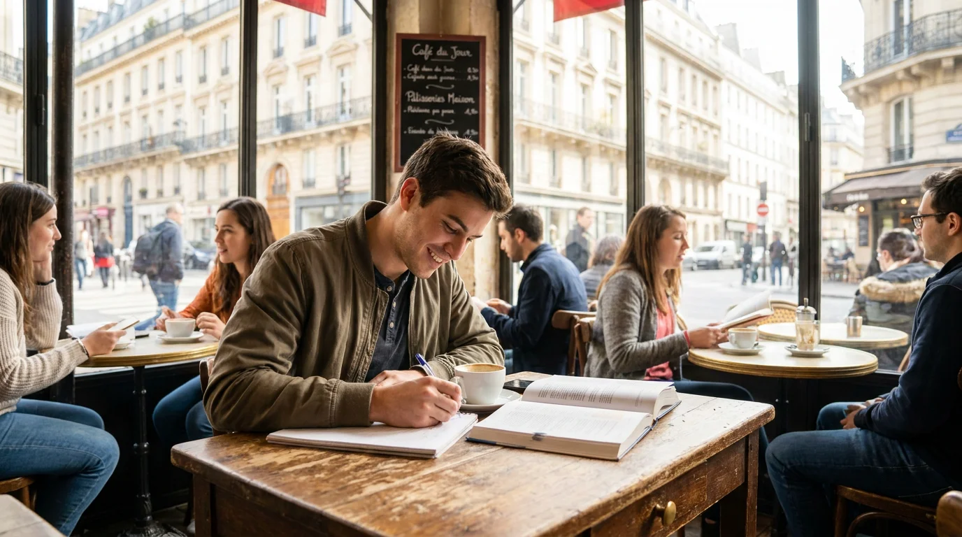 Étudiant travaillant dans un café parisien le week-end