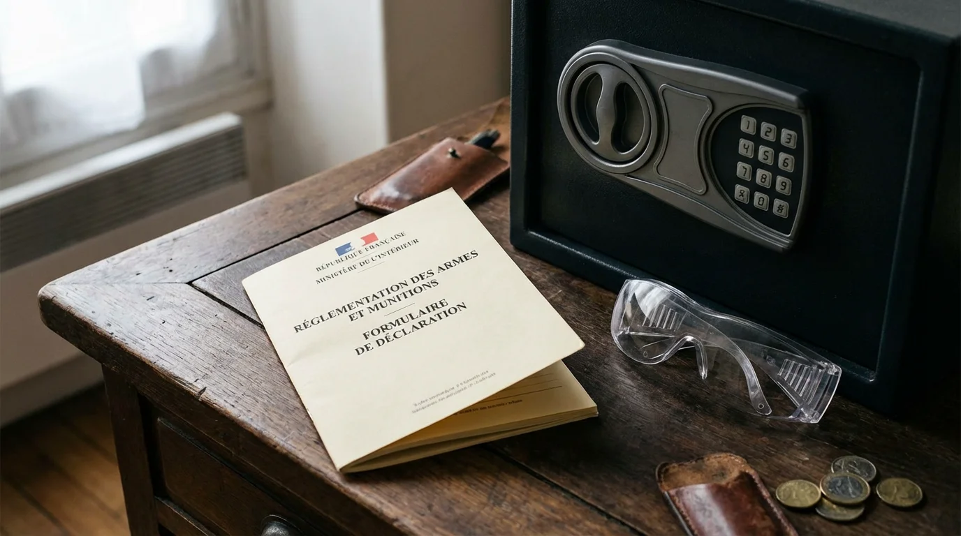 Document de réglementation française sur les armes à feu posé sur un bureau à côté d'un coffre-fort