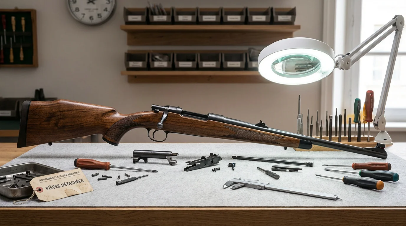Carabine de chasse démontée en cours d'inspection dans un atelier d'armurier professionnel