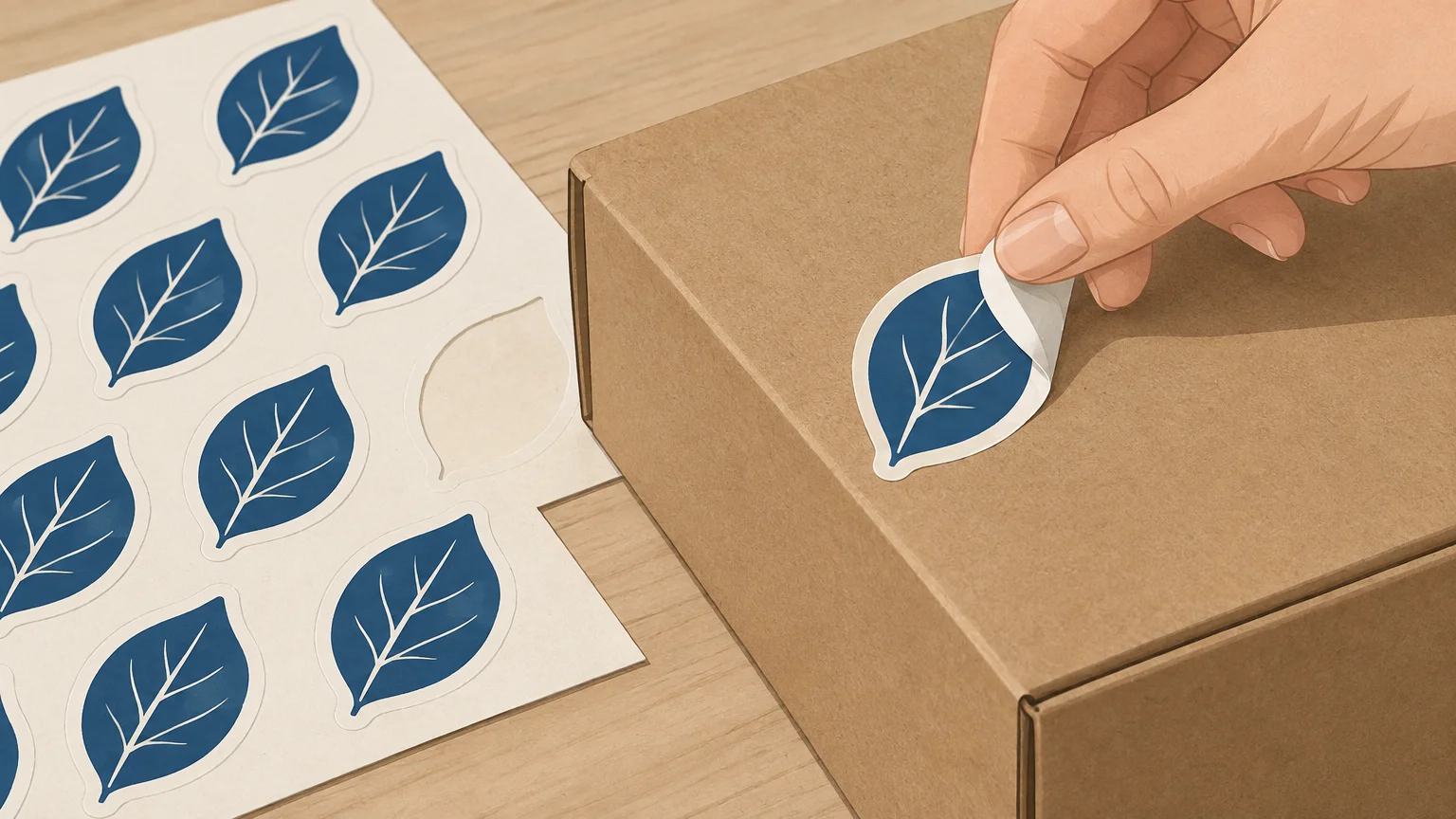 Une main décolle un sticker pré-imprimé de sa planche pour le poser sur un colis