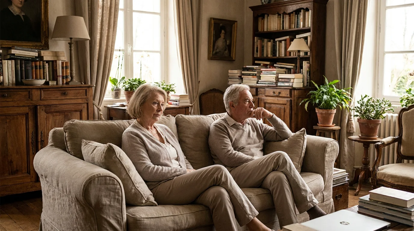 Couple pensif assis sur un canapé, illustrant la réflexion après une tromperie
