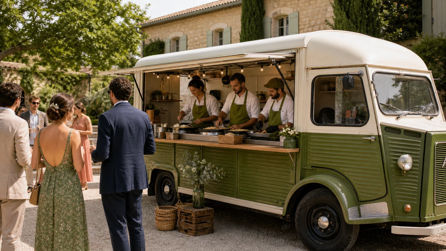 Camion vintage installé dans la cour d’un domaine pour un mariage en Provence