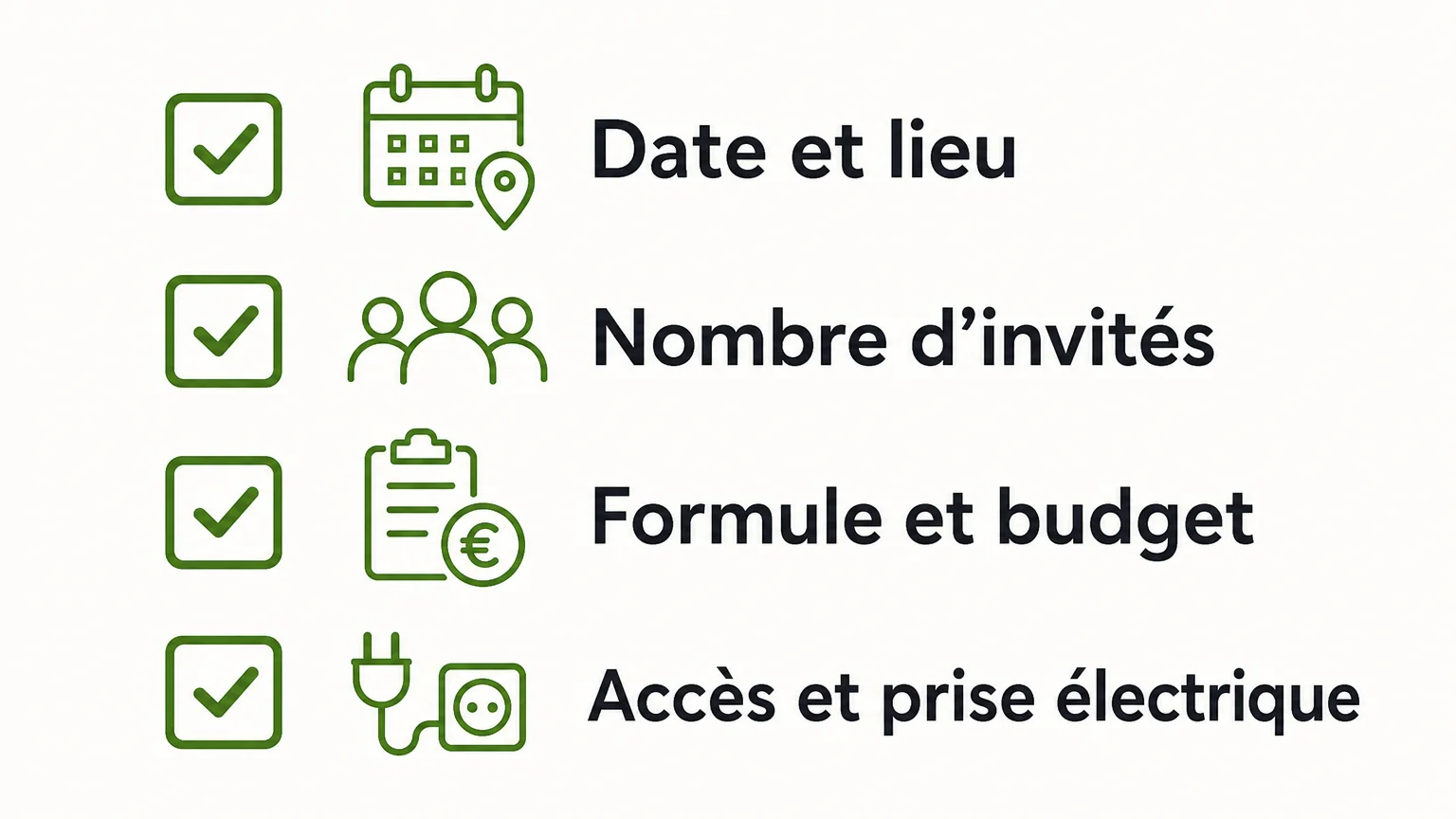 Checklist pour vérifier le devis, le nombre d’invités et l’accès au lieu