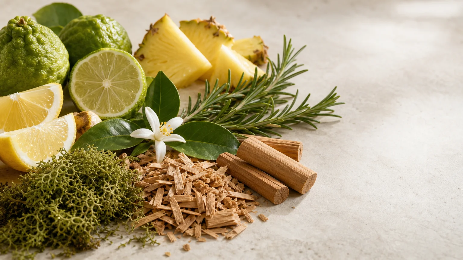 Composition visuelle des notes fraîches et boisées du parfum masculin n° 091