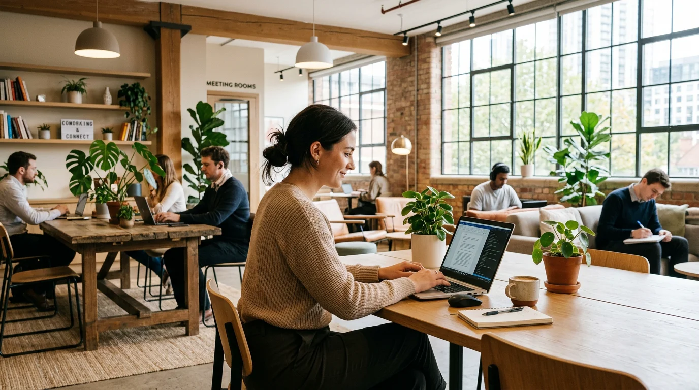Professional working at a shared desk in a modern coworking space