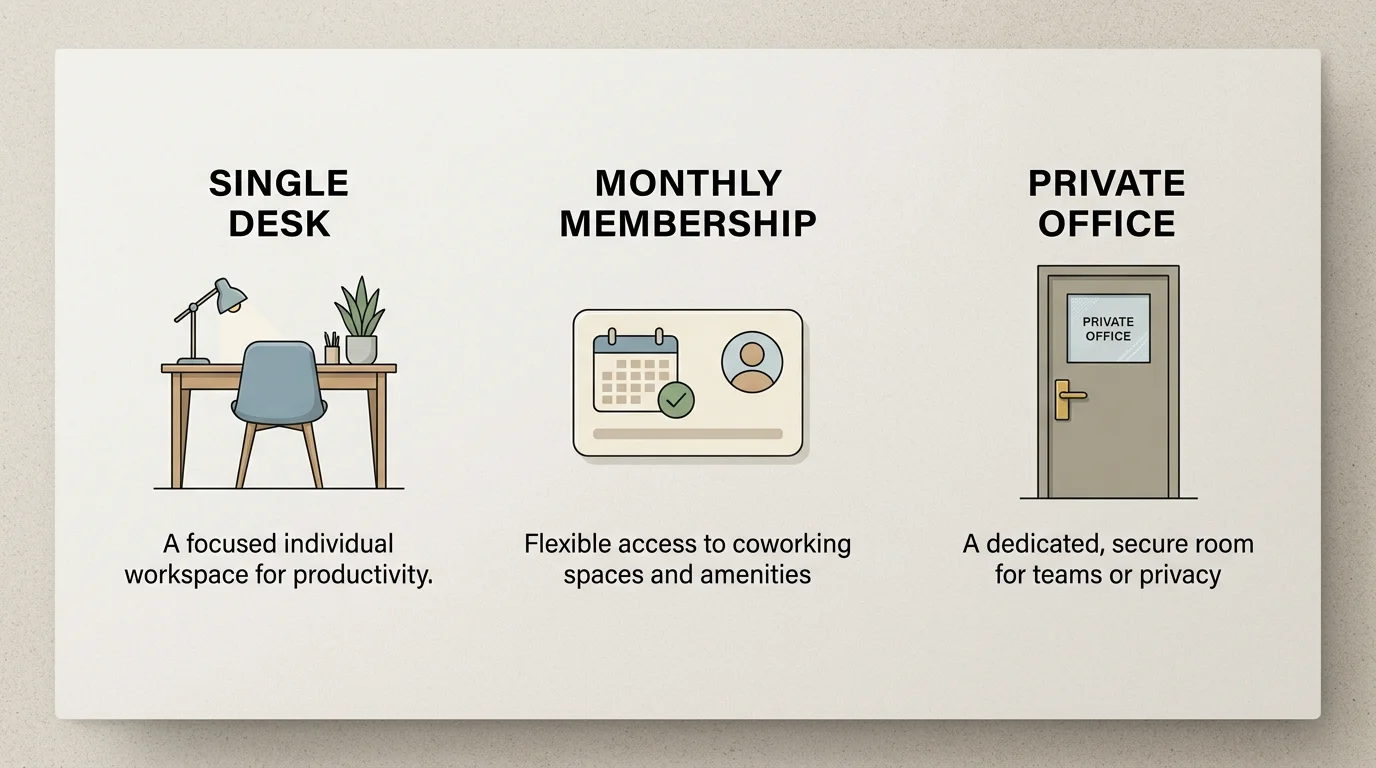 Comparison of day pass, membership and private office workspace formats