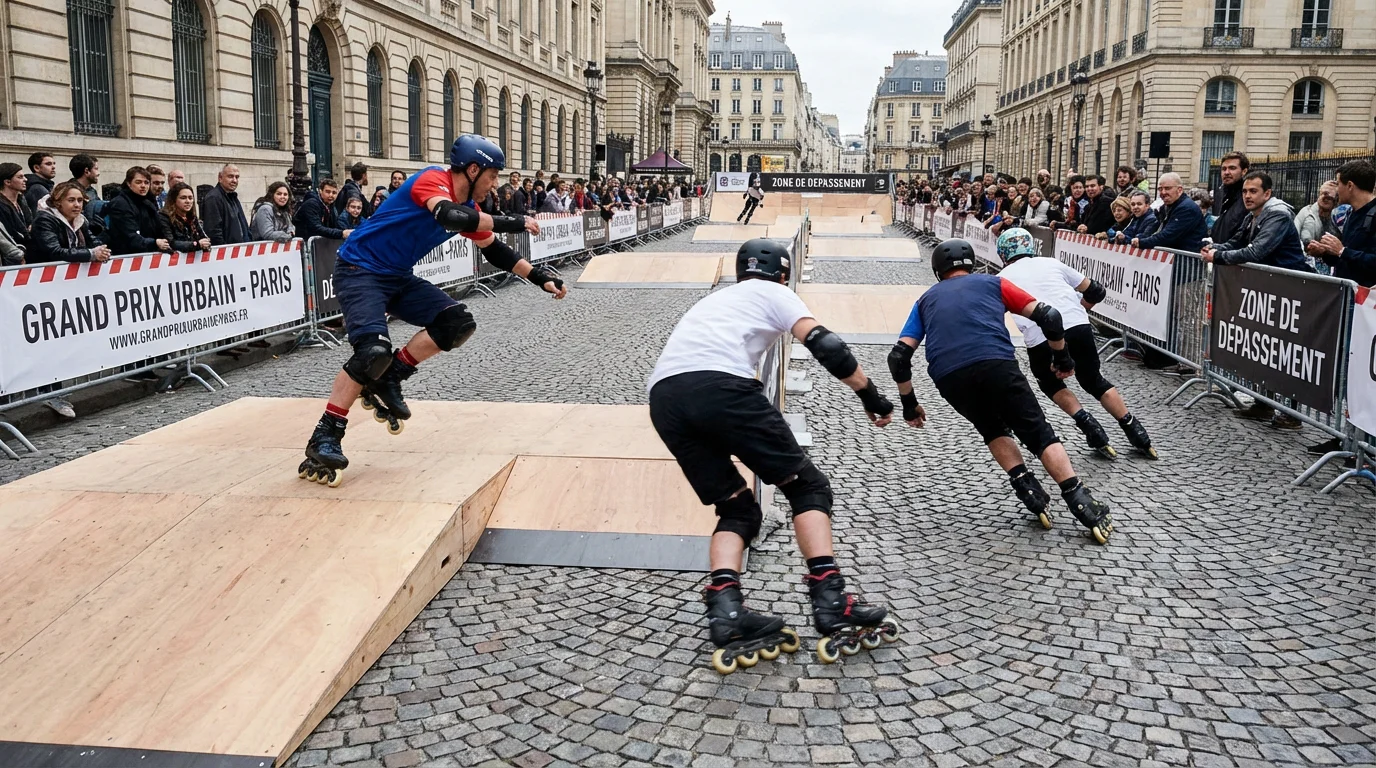 Patineurs européens en pleine course de skate cross sur un parcours urbain avec obstacles et virages serrés
