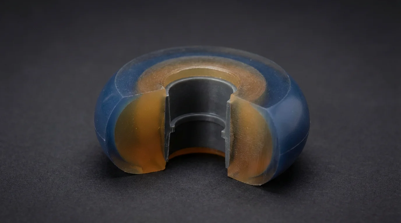 Coupe transversale d'une roue de roller bi-densité montrant les deux couches de polyuréthane et le noyau
