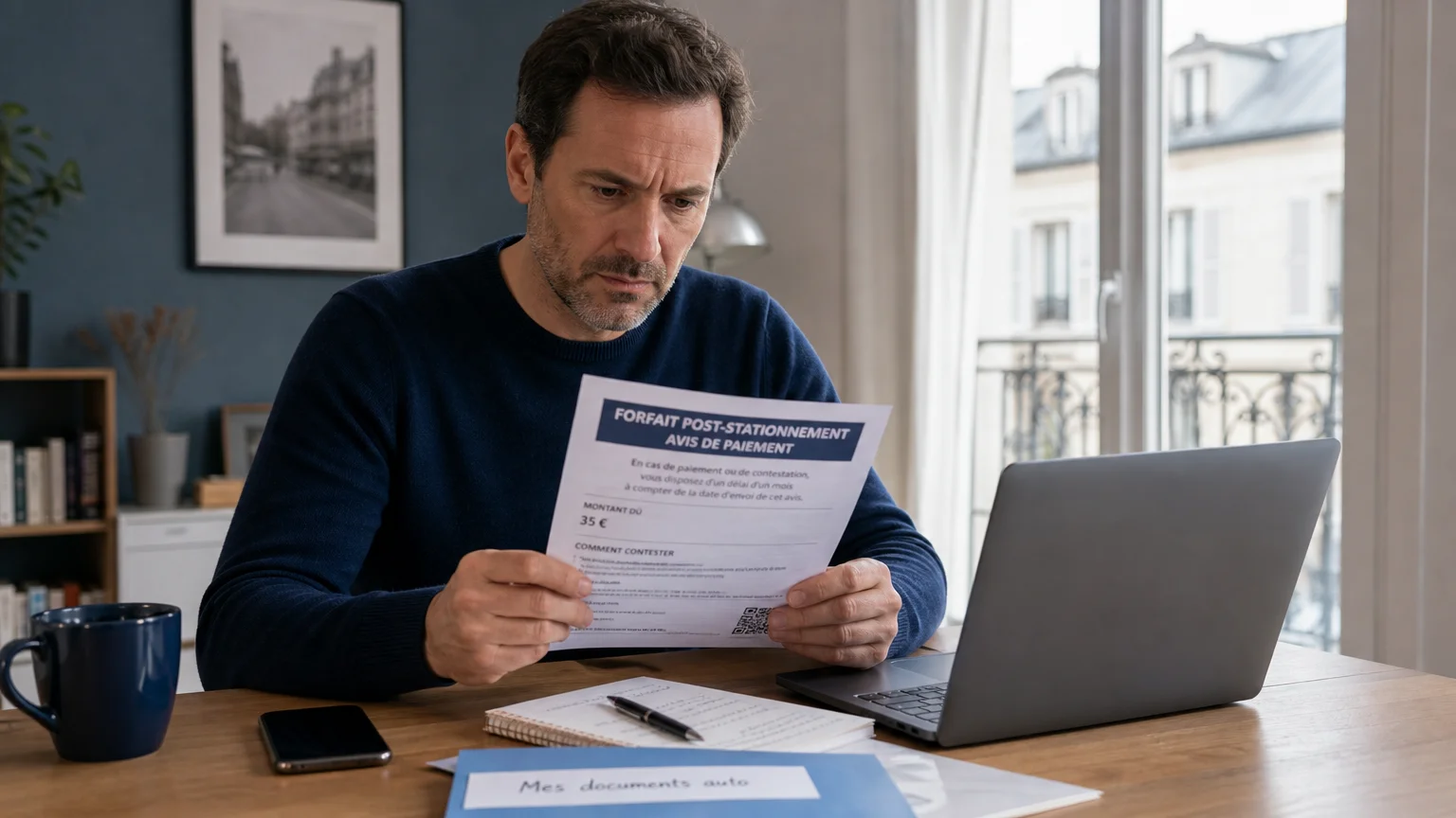 Automobiliste européen examinant un avis de forfait de post-stationnement devant son ordinateur