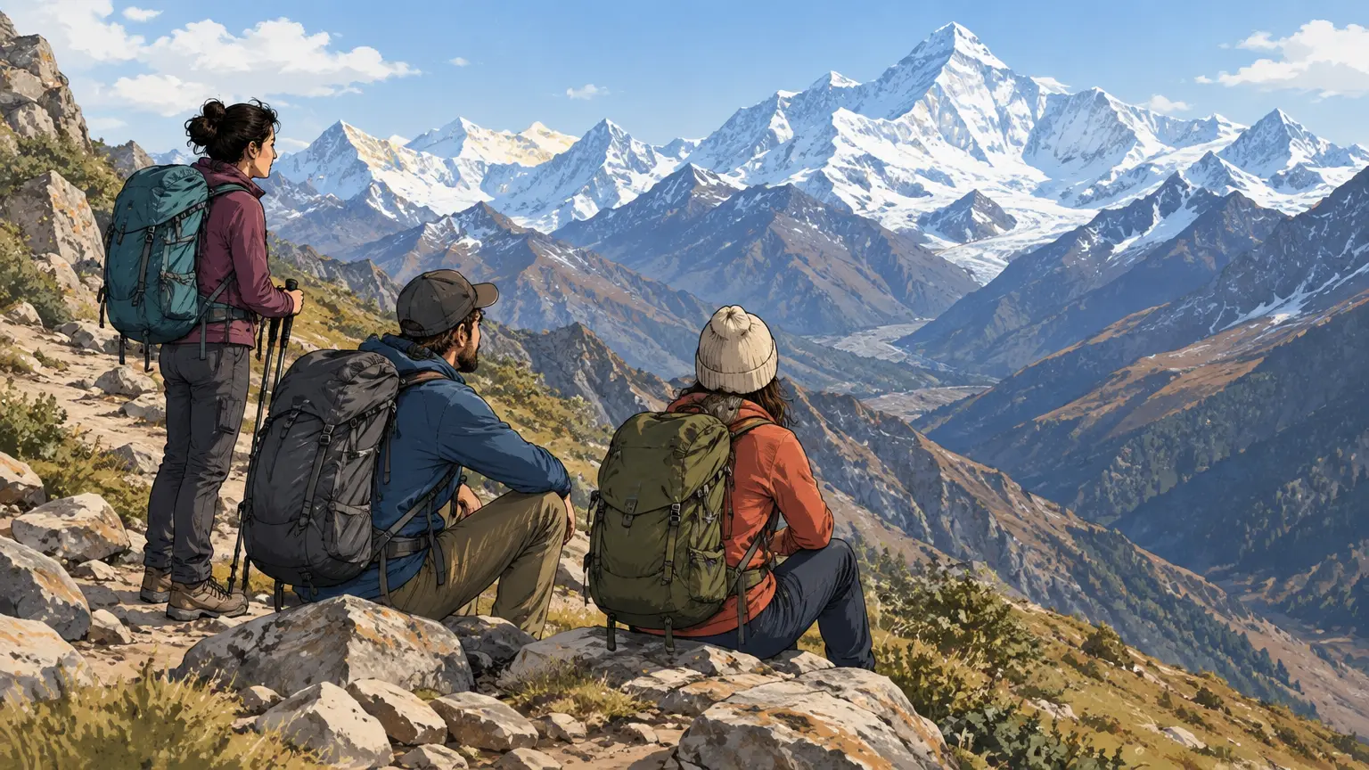 Des randonneurs font une pause sur un sentier himalayen