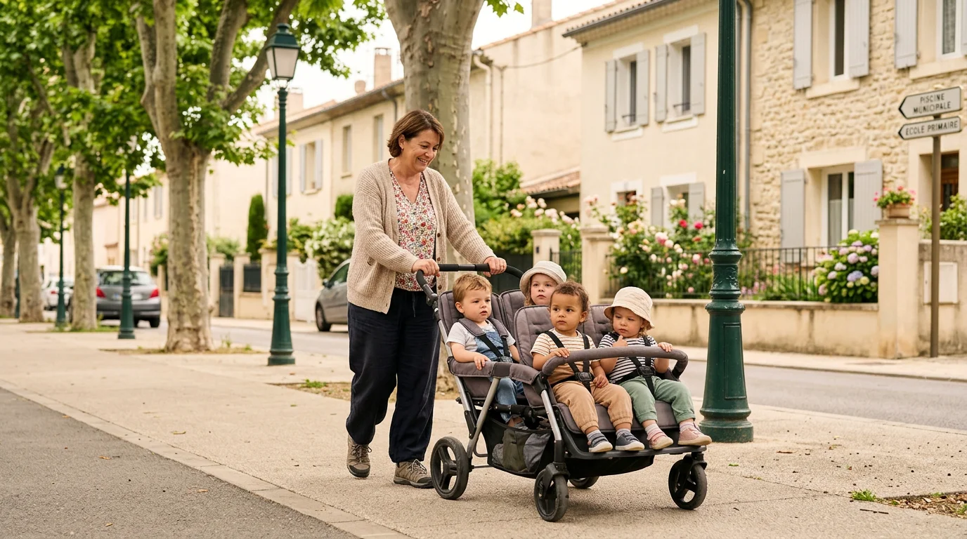 Assistante maternelle promenant plusieurs enfants avec une poussette multiple