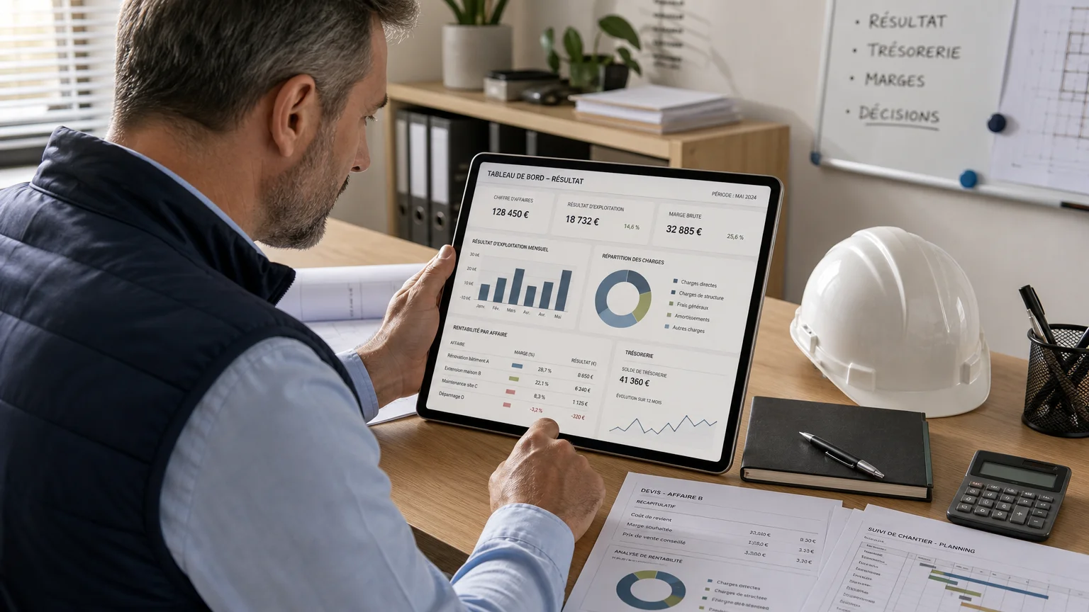 Dirigeant de PME du bâtiment analysant la rentabilité de ses chantiers sur tablette
