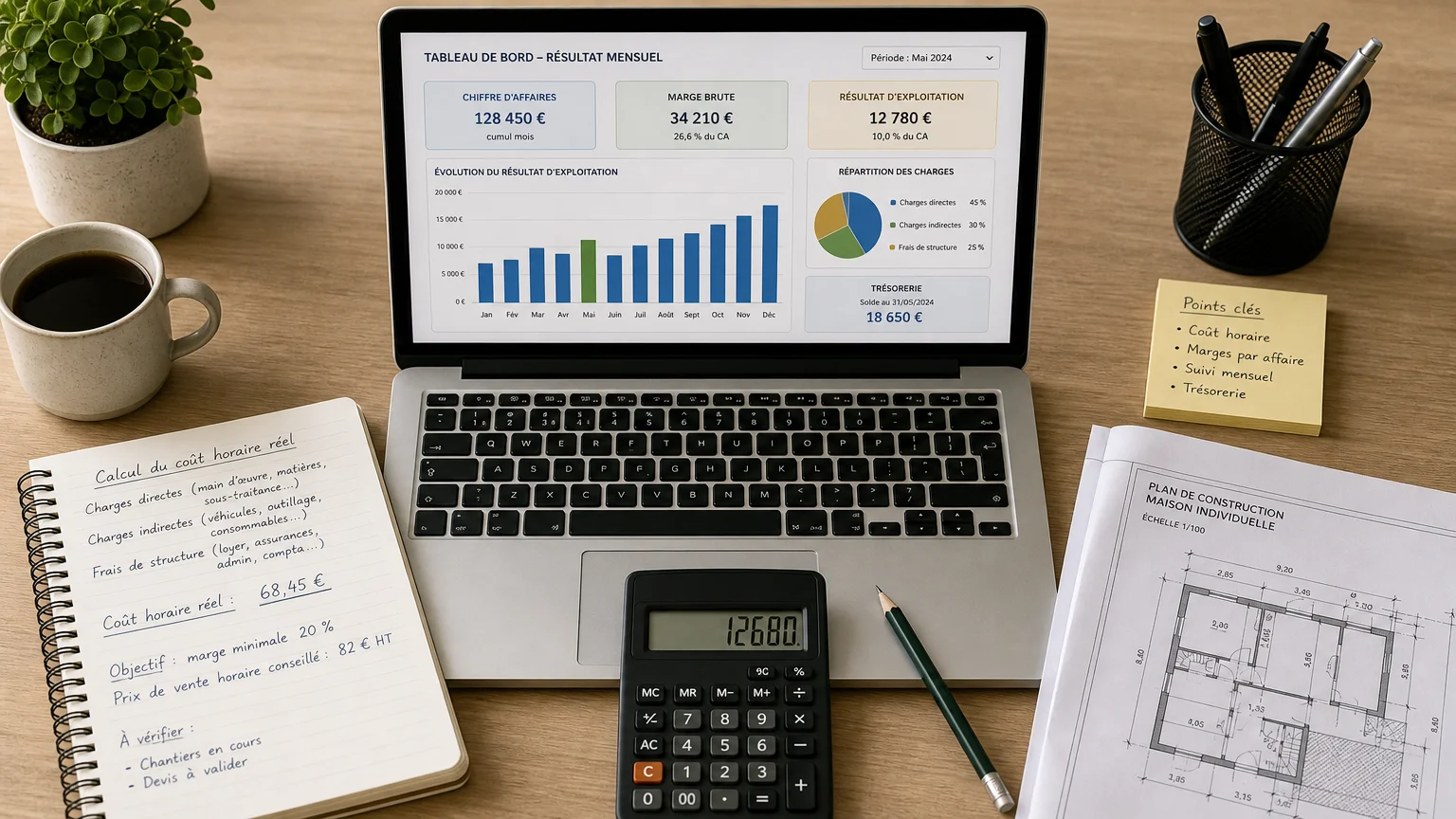 Outils de suivi de rentabilité de chantier posés sur un bureau vus de dessus