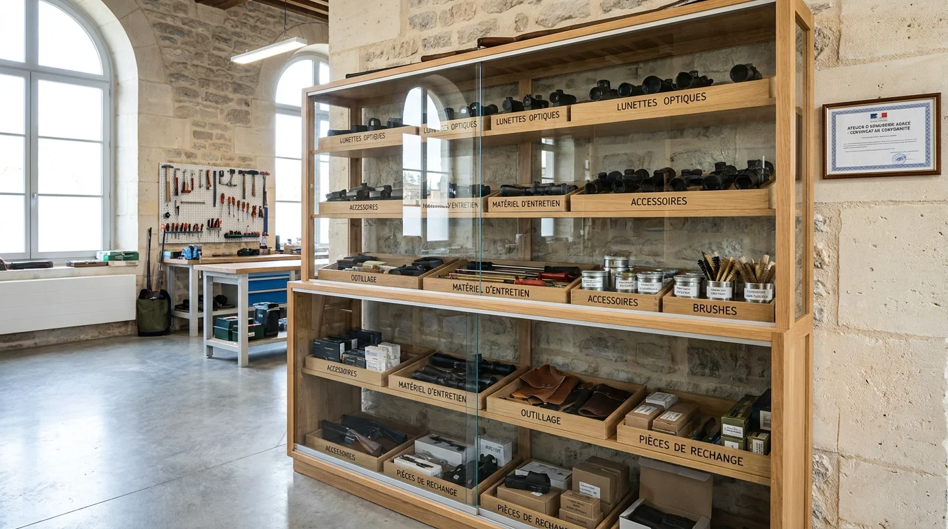 Vitrine sécurisée d'une armurerie française présentant des optiques et accessoires pour armes à feu