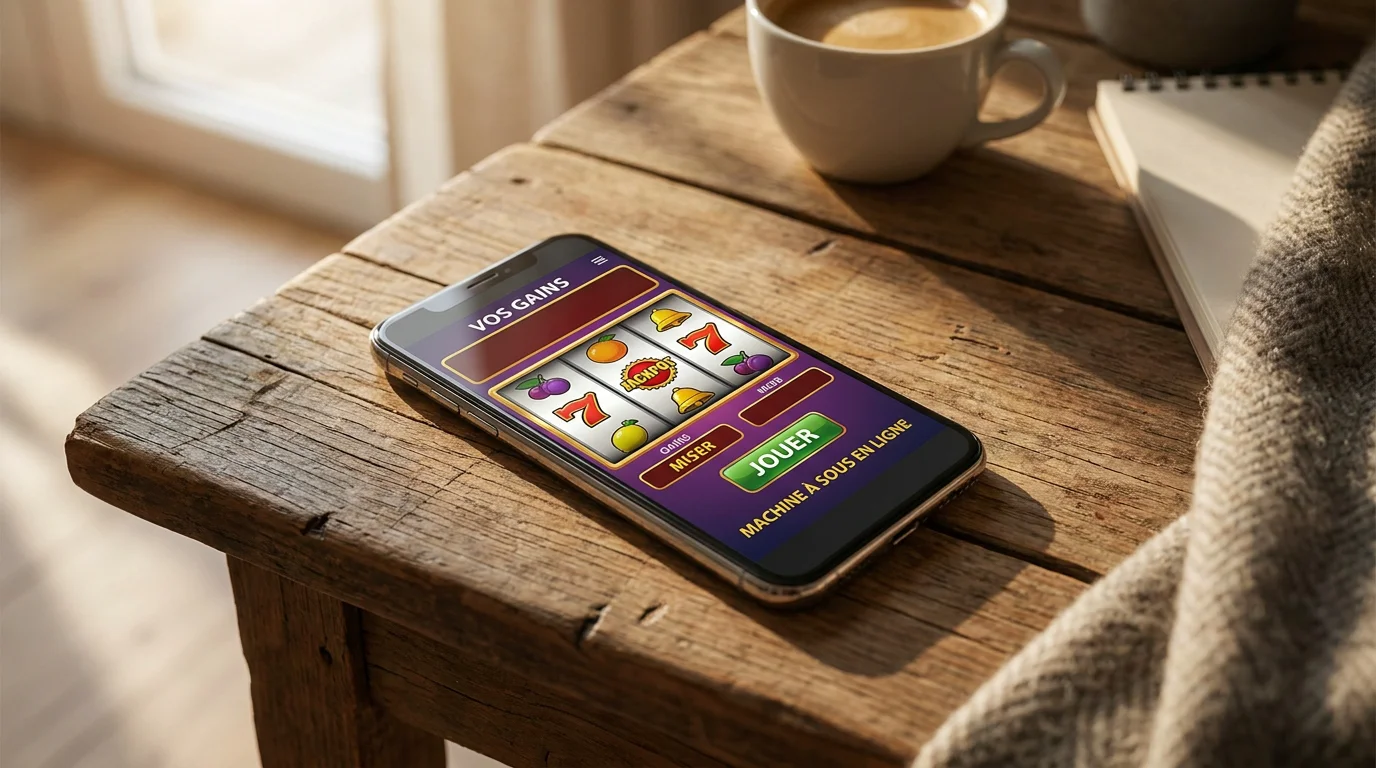 Smartphone affichant un casino en ligne mobile avec des machines à sous