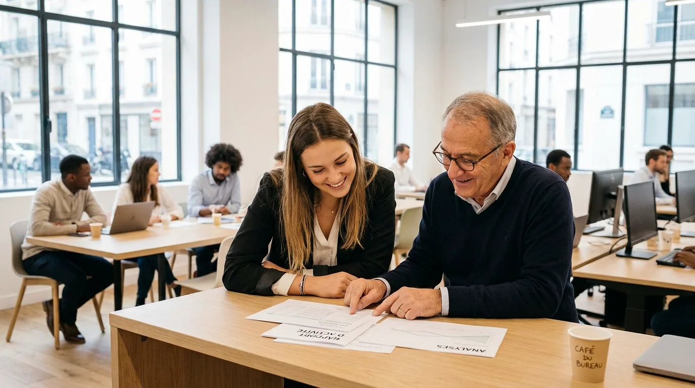Stagiaire étudiant travaillant aux côtés de son tuteur dans un bureau moderne