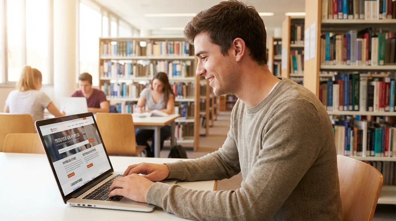 Étudiant recherchant un stage sur un ordinateur portable dans une bibliothèque universitaire