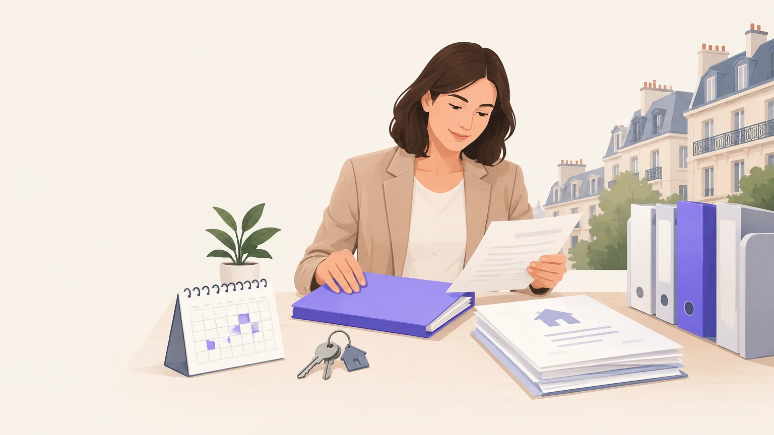 Illustration éditoriale d’un bailleur organisant ses locations et ses documents immobiliers en France.