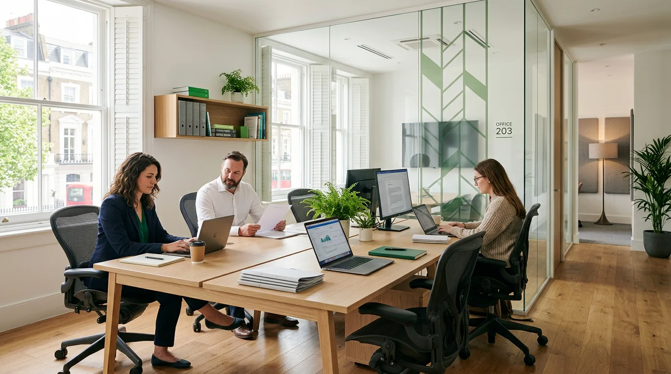 A private serviced office suite with a small team working behind a glass partition