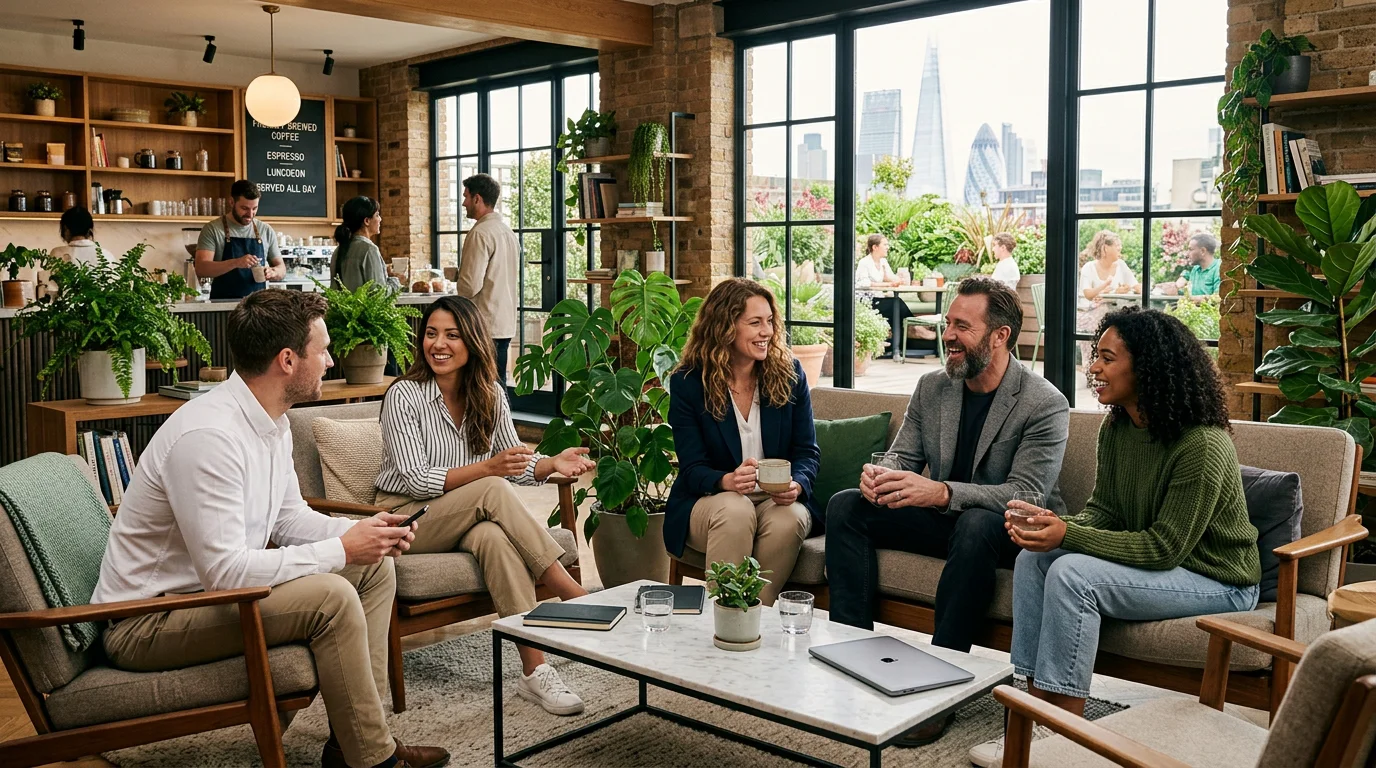 Professionals networking in a bright co-working lounge with a coffee bar