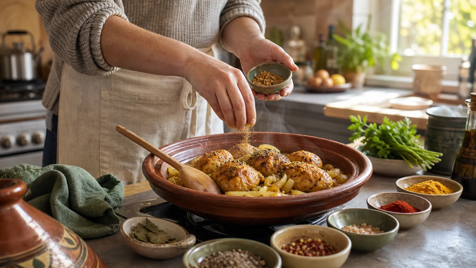 Préparation naturelle des épices pour un tajine de poulet dans une cuisine familiale