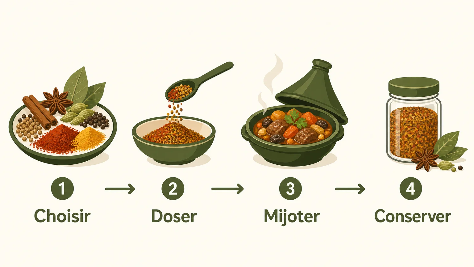 Checklist illustrée pour choisir, doser, mijoter et conserver les épices du tajine