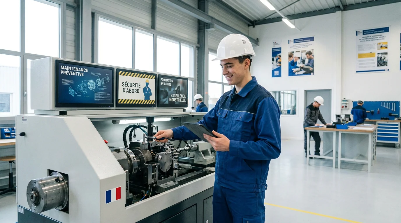 Jeune alternant en maintenance industrielle travaillant sur un équipement dans un atelier en France