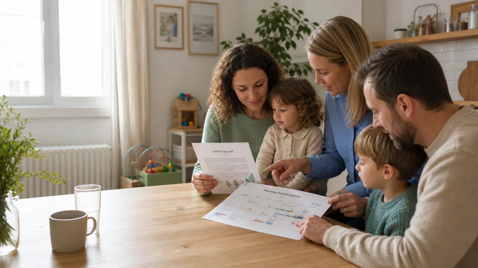 Deux familles relisent une lettre pour organiser une garde partagée