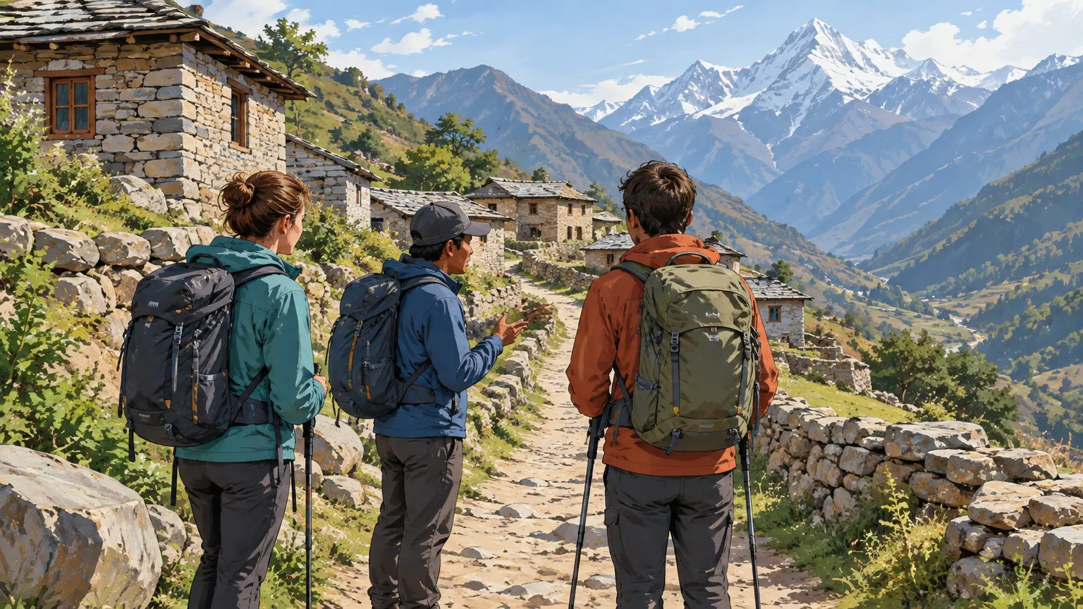 Marcheurs sur un sentier himalayen traversant un village de montagne