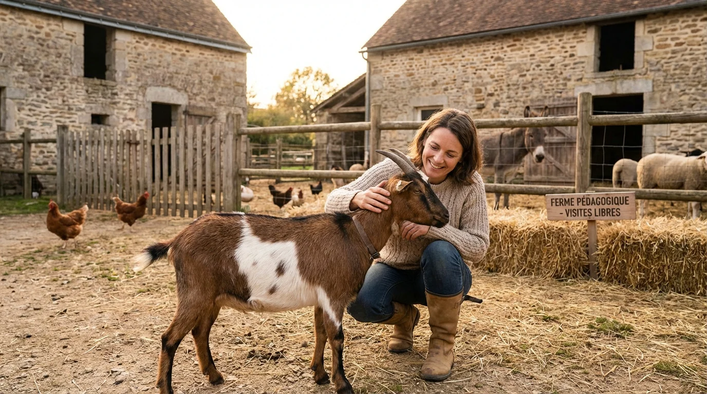 Visiteuse caressant une chèvre dans une ferme pédagogique en France