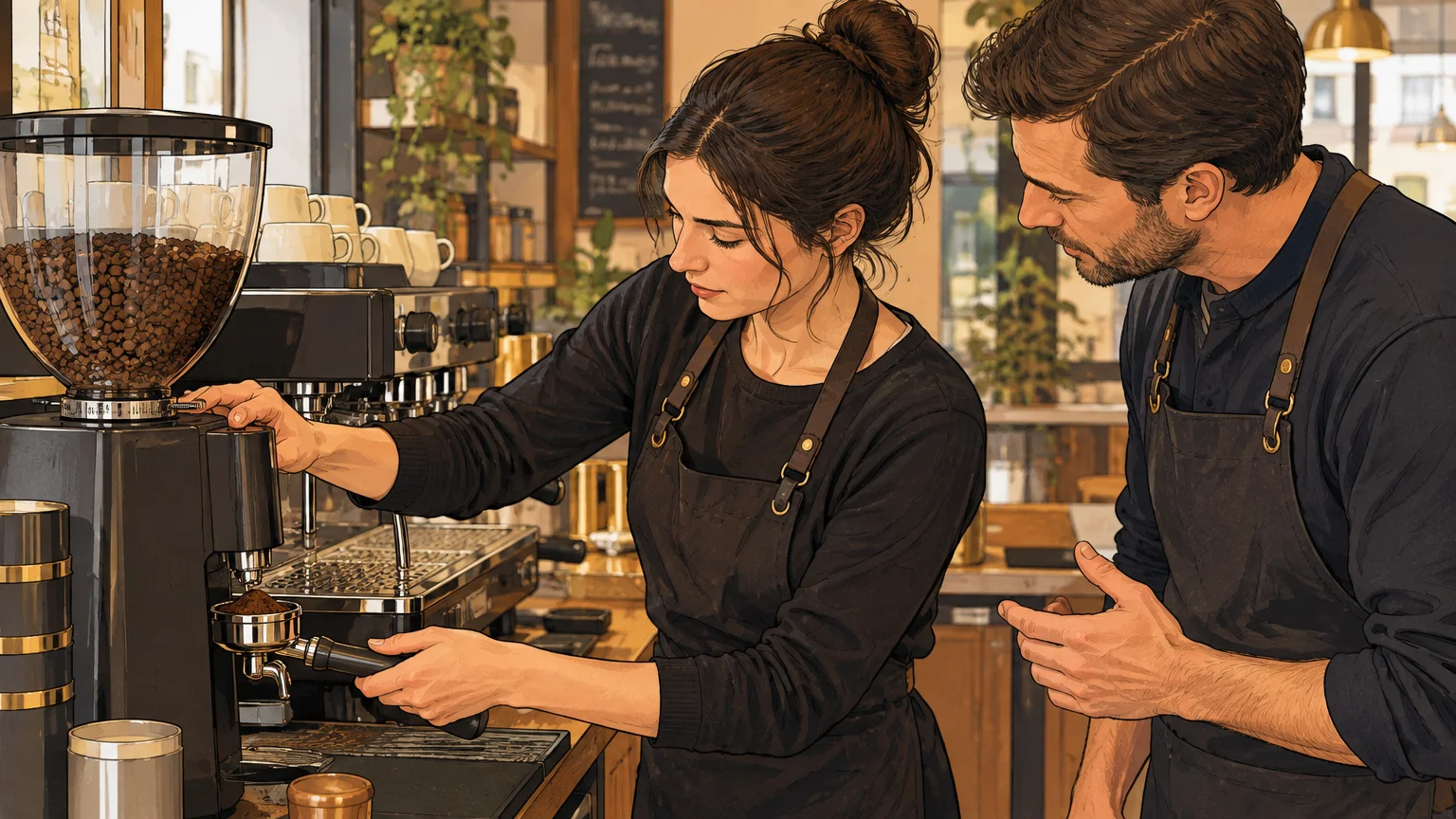 Une barista apprend à régler le moulin sur le comptoir de son établissement