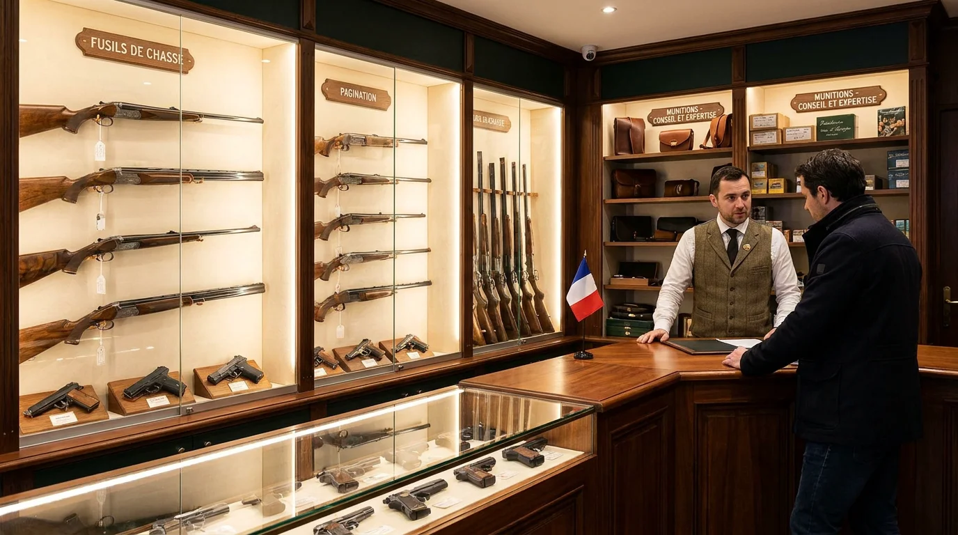 Intérieur d'une armurerie française avec vitrines éclairées et comptoir de conseil