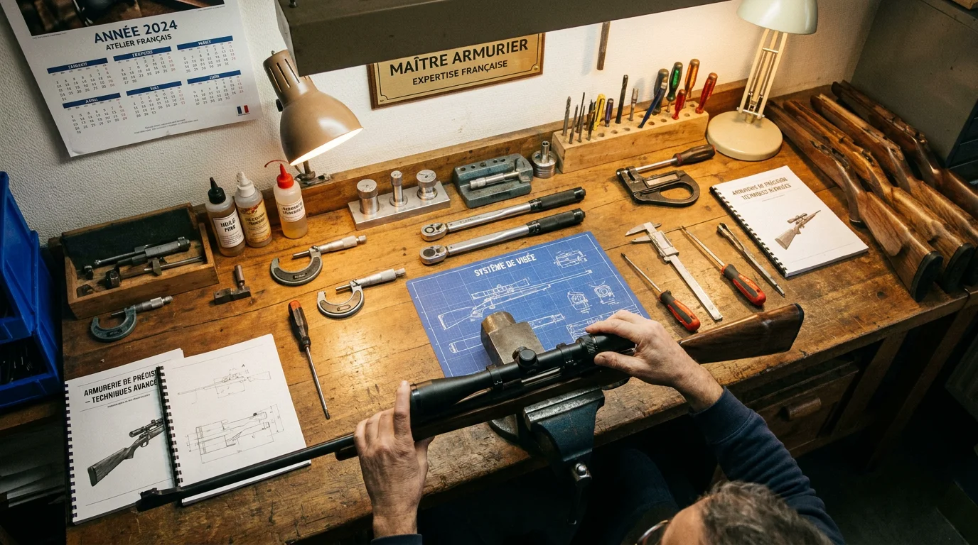 Atelier d'armurier professionnel avec outils de précision et lunette de visée en cours d'installation