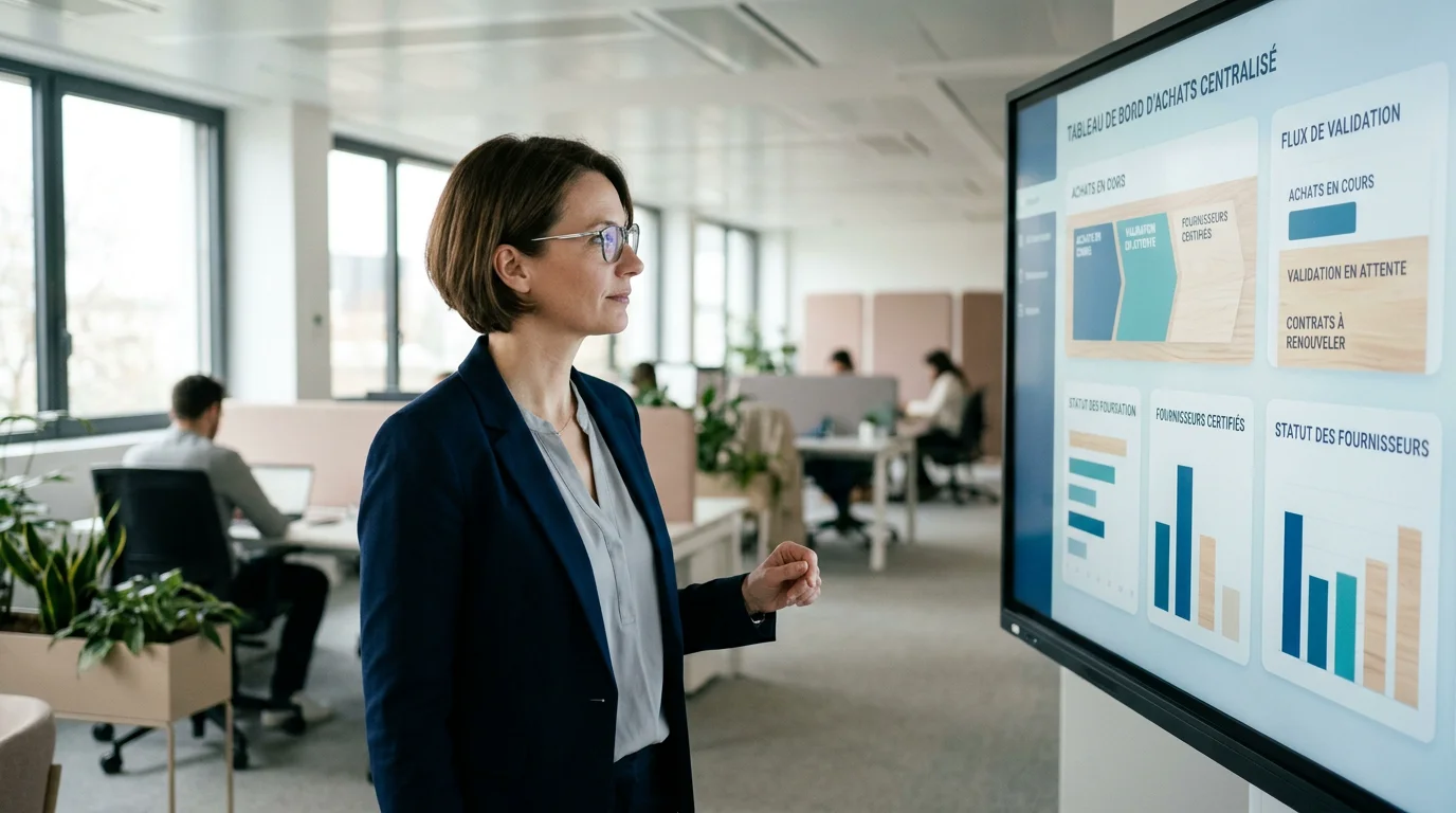 Responsable achats consultant un portail d'achat collaboratif sur grand écran