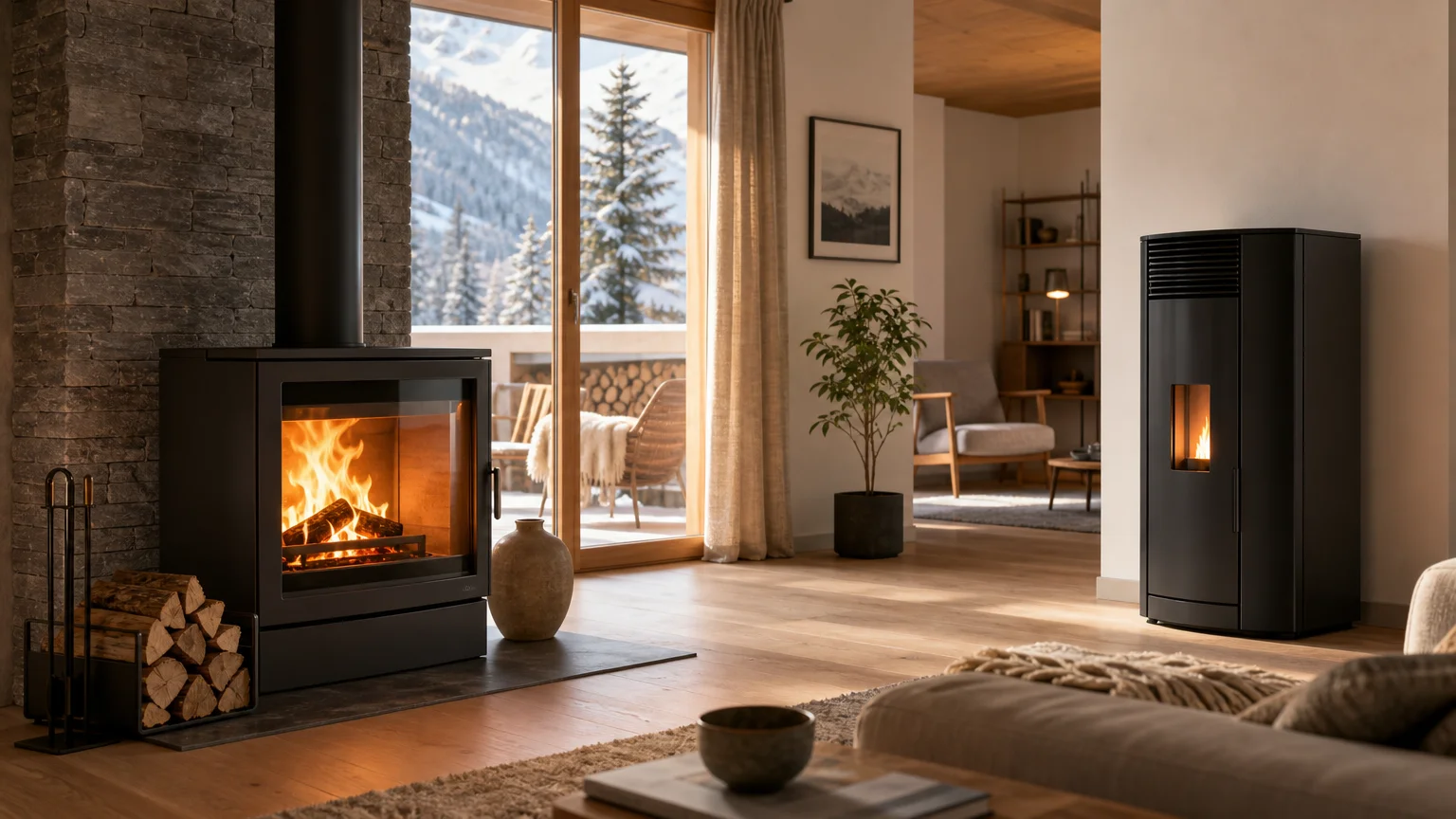 Comparaison visuelle entre un poêle à bois et un poêle à pellets dans un intérieur contemporain