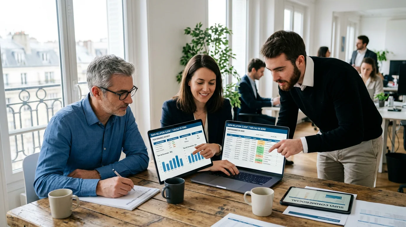 Équipe de conseil européenne analysant un tableau de suivi client sur ordinateur