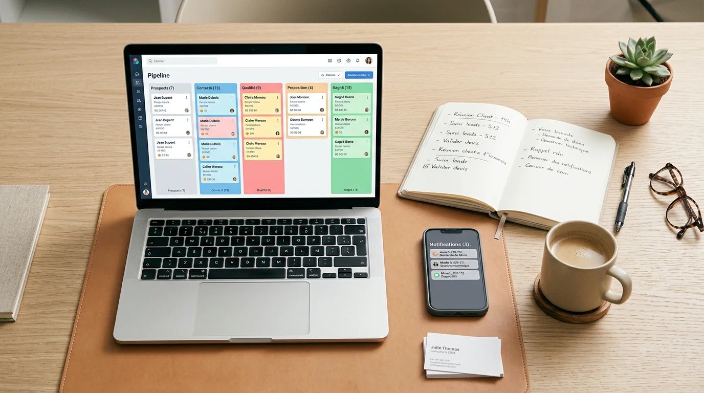 Vue de dessus d'un bureau avec un logiciel CRM de suivi client à l'écran