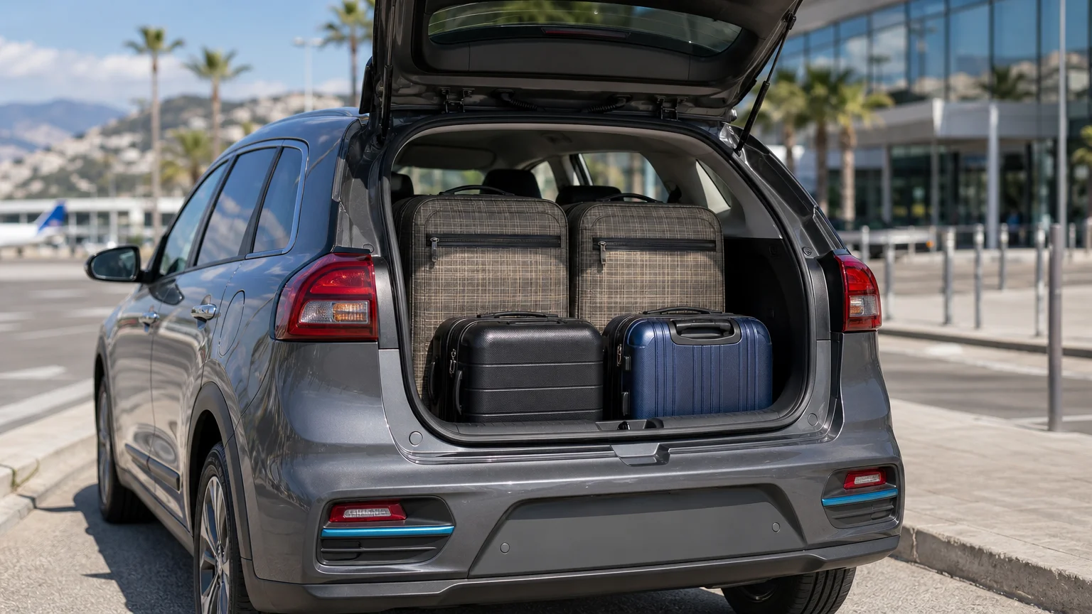 Open trunk of a grey electric Kia e-Niro holding two large suitcases and two cabin suitcases.