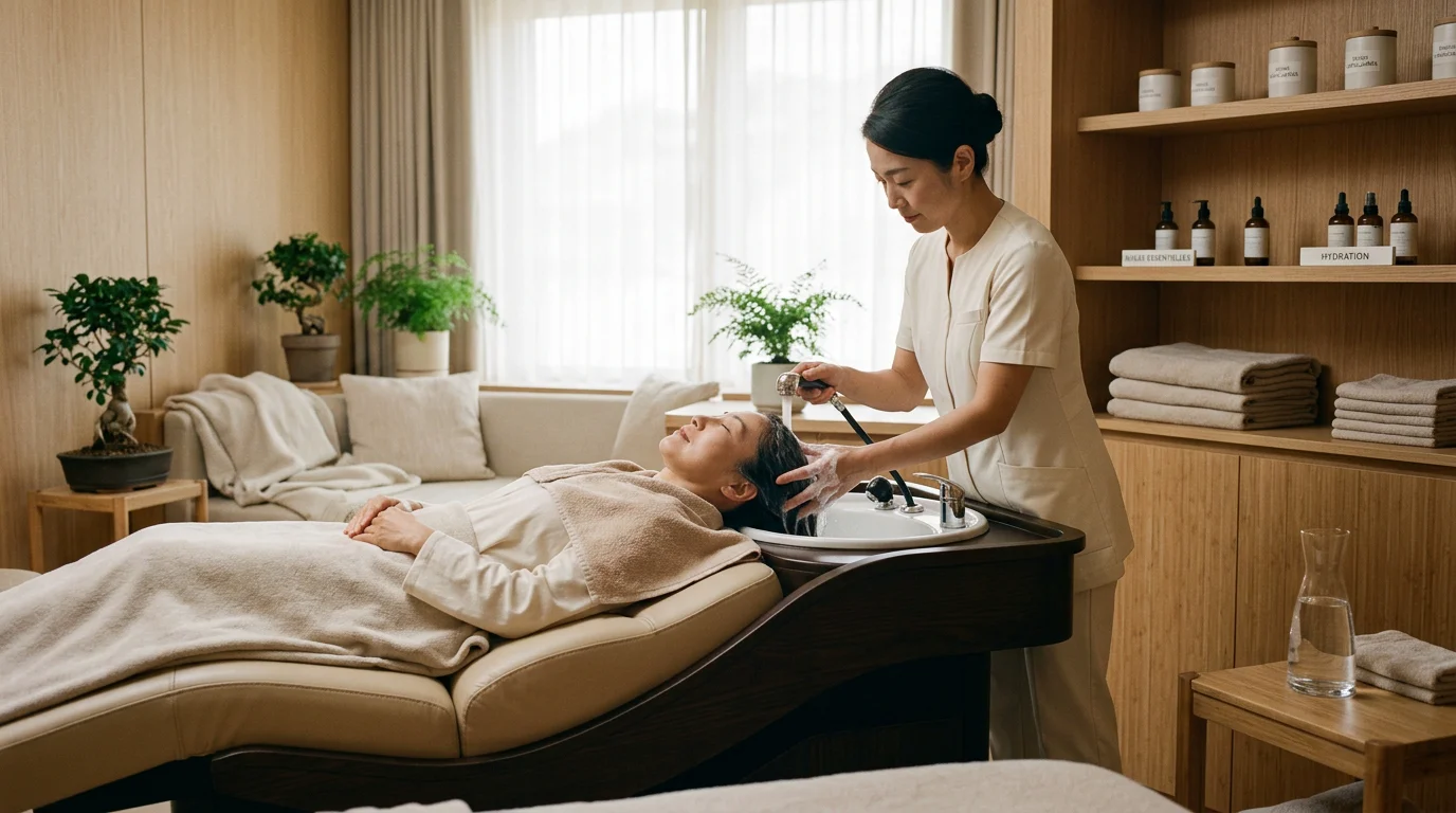 Cabine de soin avec une table head spa japonaise professionnelle