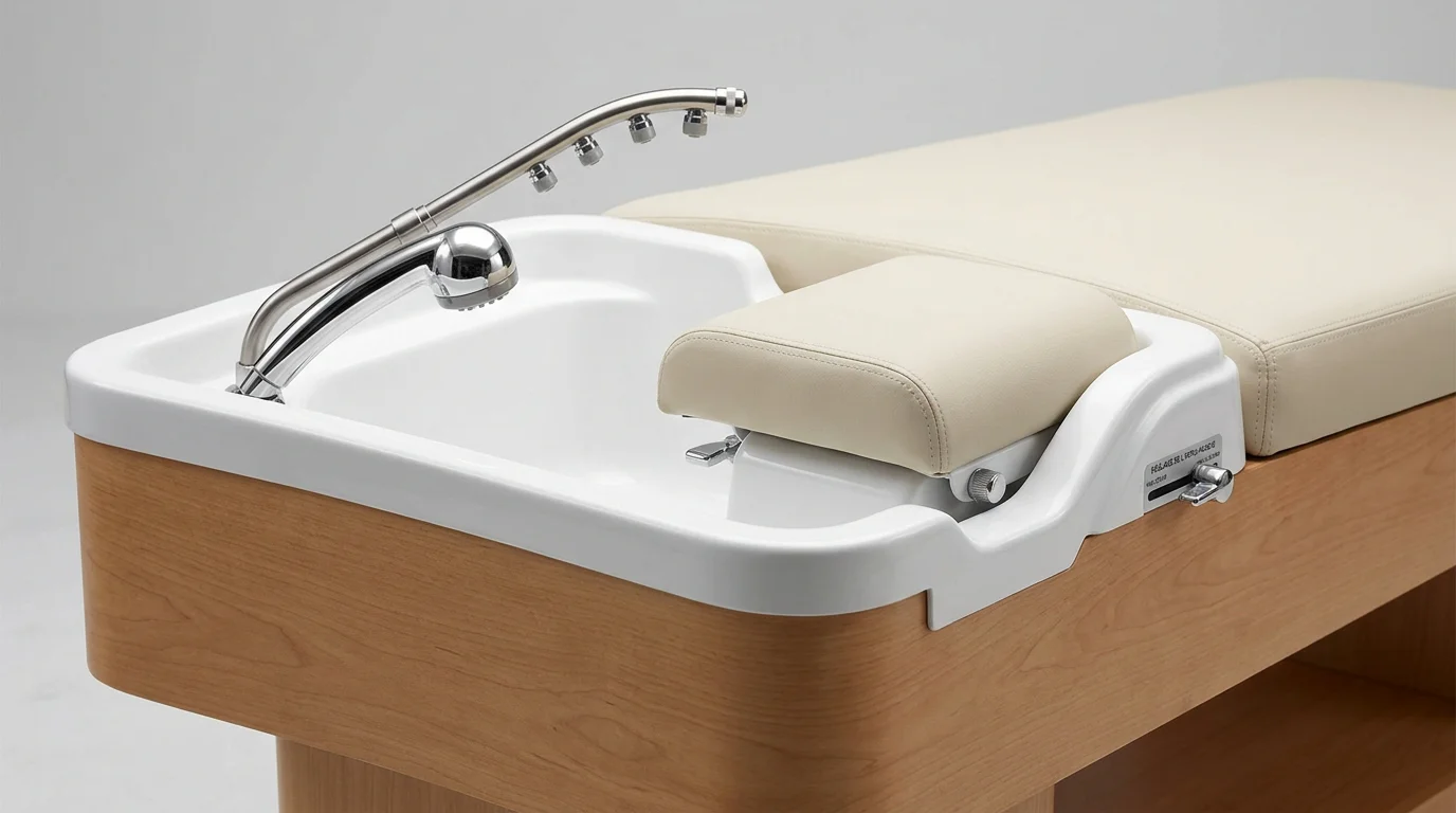 Détails ergonomiques d'une table head spa professionnelle