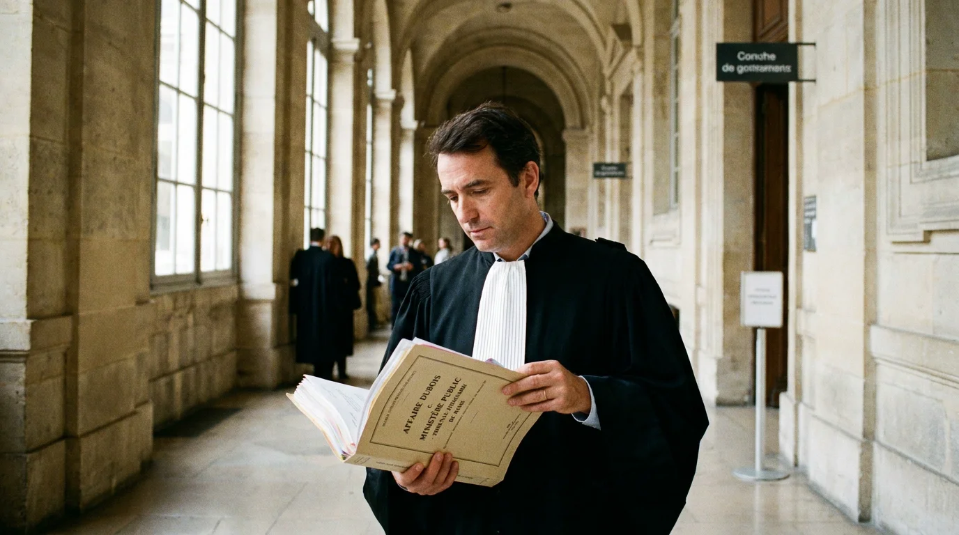 Avocat pénaliste consultant un dossier dans un palais de justice en France