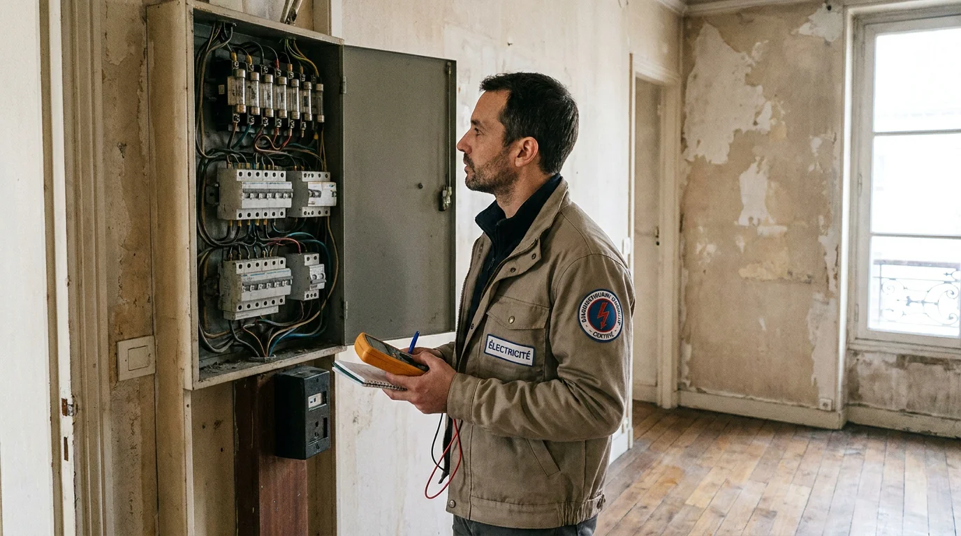 Diagnostiqueur immobilier inspectant une installation électrique dans un logement ancien