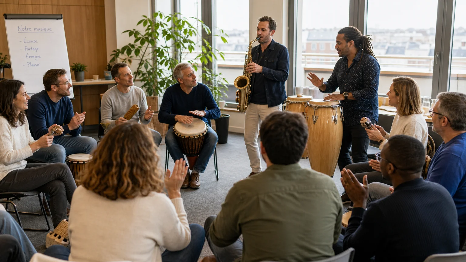 Équipe réunie autour d’un atelier musical pendant un séminaire de cohésion