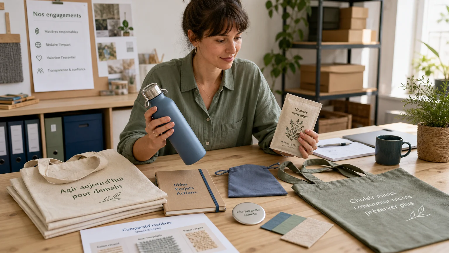 Sélection de goodies responsables sur une table d’atelier associatif