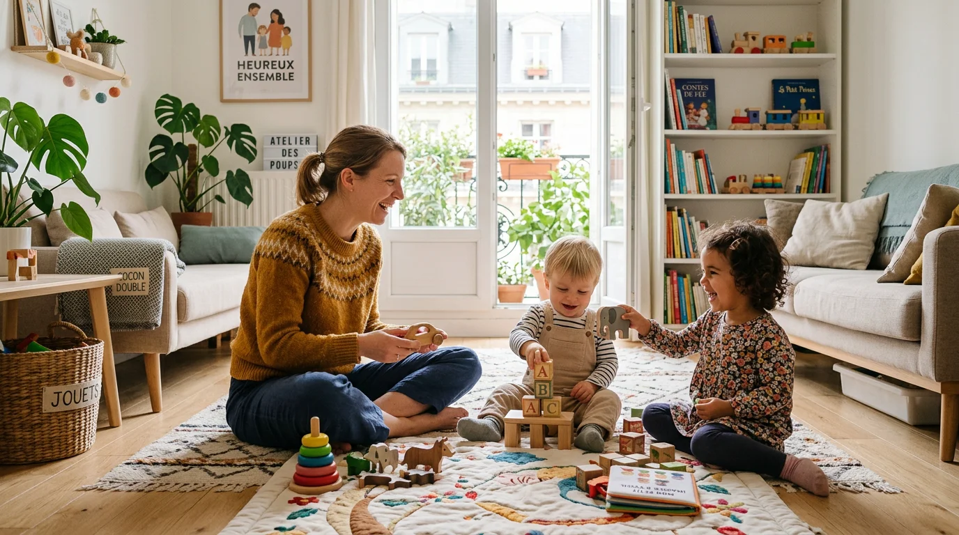 Une nounou s'occupe de deux jeunes enfants en garde partagée dans un salon