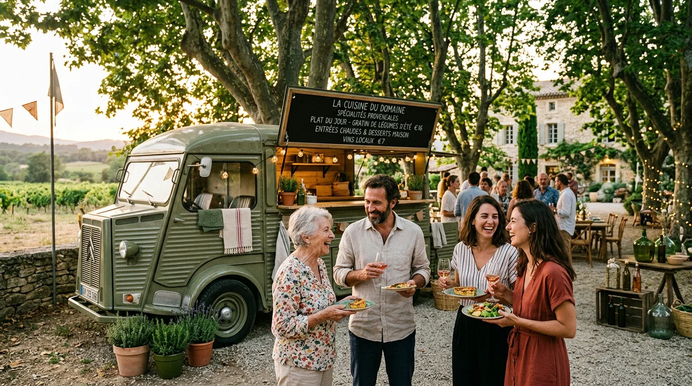 Camion restaurant vintage lors d'un mariage convivial dans un domaine provençal